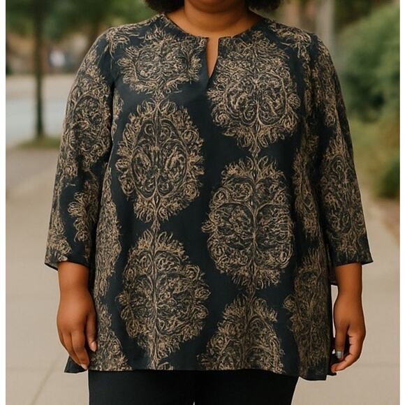 Lucky Brand Women 3/4 Sleeve Floral Top Size 1X Black Keyhole Neck Boho Aztec - Picture 1 of 8